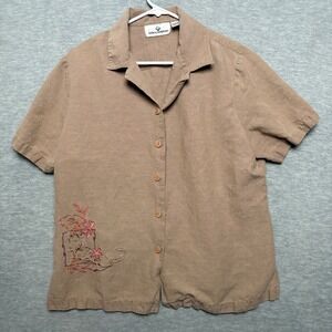 Erin London Embroidered Linen blend Button‎ Down Short Sleeve Shirt Women Large